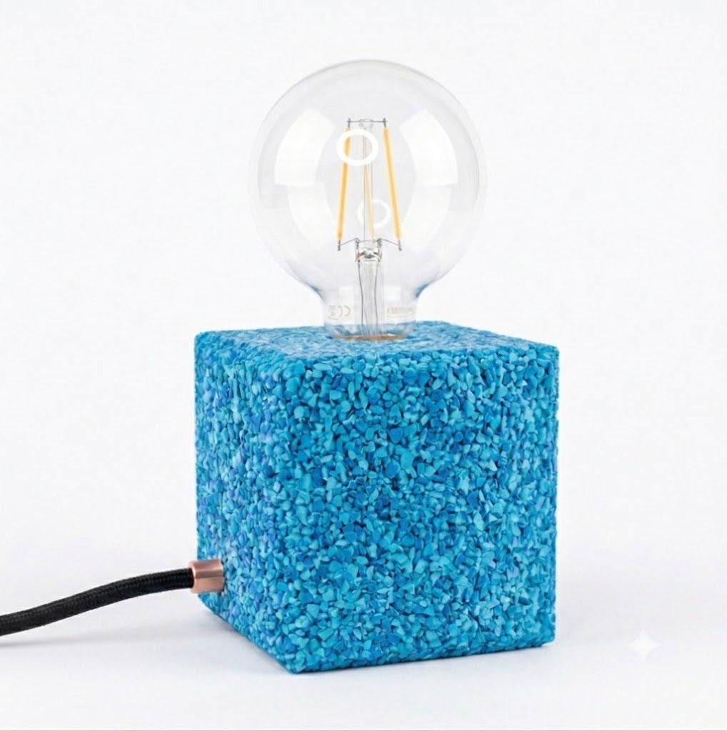 Lampada cubo blu con cavo nero