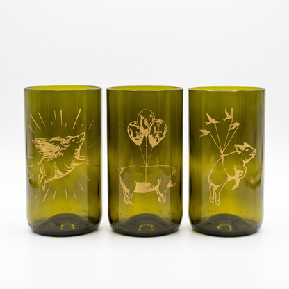 Set When Pigs Fly di tre bicchieri marroni in vetro recuperato con serigrafia dorata