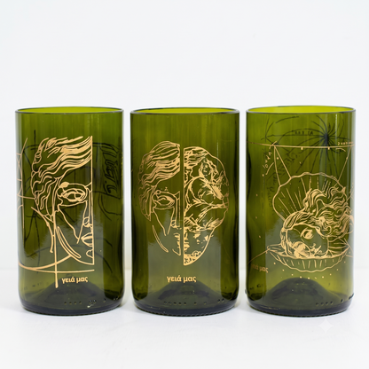 Set Γειά μας di 3 bicchieri marroni in vetro recuperato con serigrafia dorata di Pietro Fiori