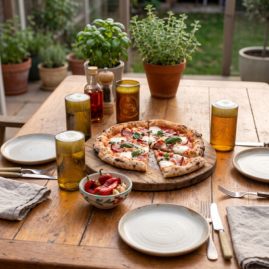 Tre bicchieri Pizza da 350 ml in vetro recuperato ambientati sulla tavola