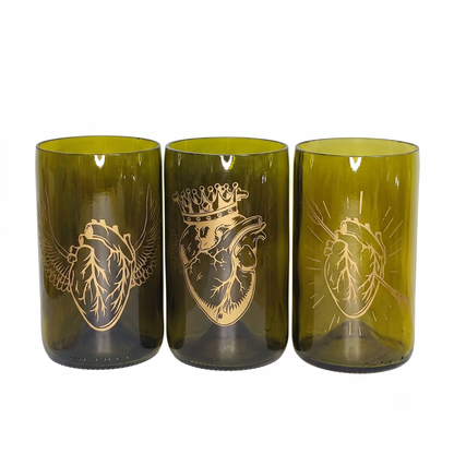 Set Cuore di 3 bicchieri marroni in vetro recuperato con serigrafia dorata