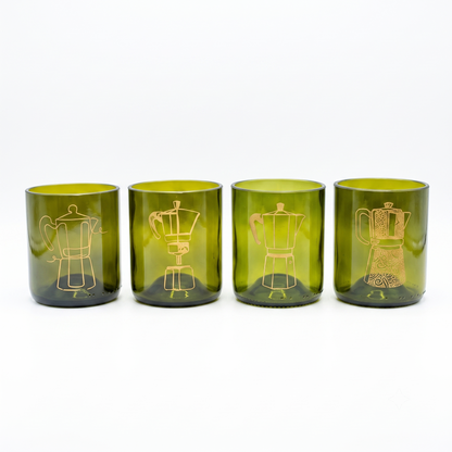 Set Moka di 4 bicchieri marroni in vetro recuperato con serigrafia dorata