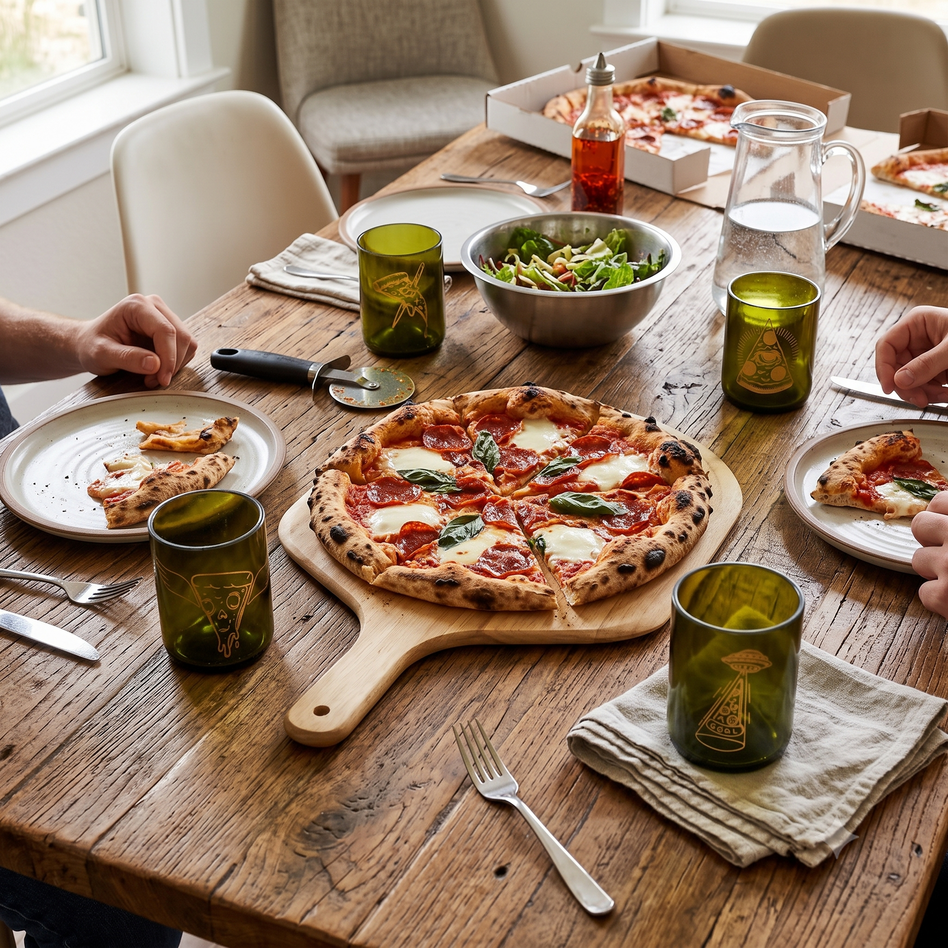 Quattro bicchieri Pizza in vetro recuperato ambientati sulla tavola