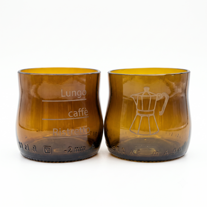 Set di 2 tazzine marroni in vetro recuperato con decorazione serigrafica