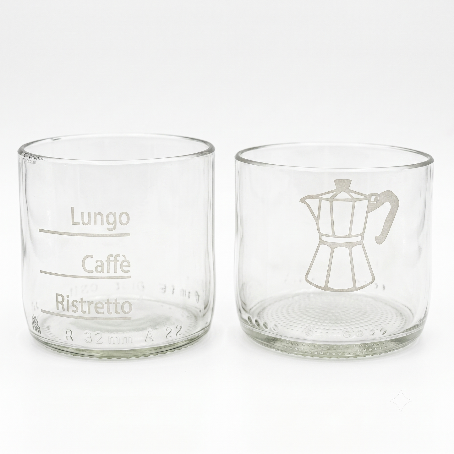 Set di 2 tazzine trasparenti in vetro recuperato con decorazione serigrafica