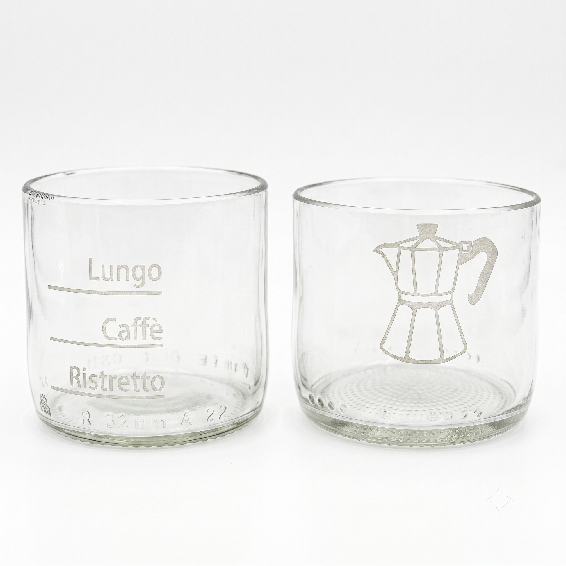 Set di 2 tazzine trasparenti in vetro recuperato con decorazione serigrafica