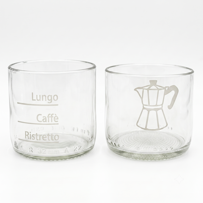 Set di 2 tazzine trasparenti in vetro recuperato con decorazione serigrafica